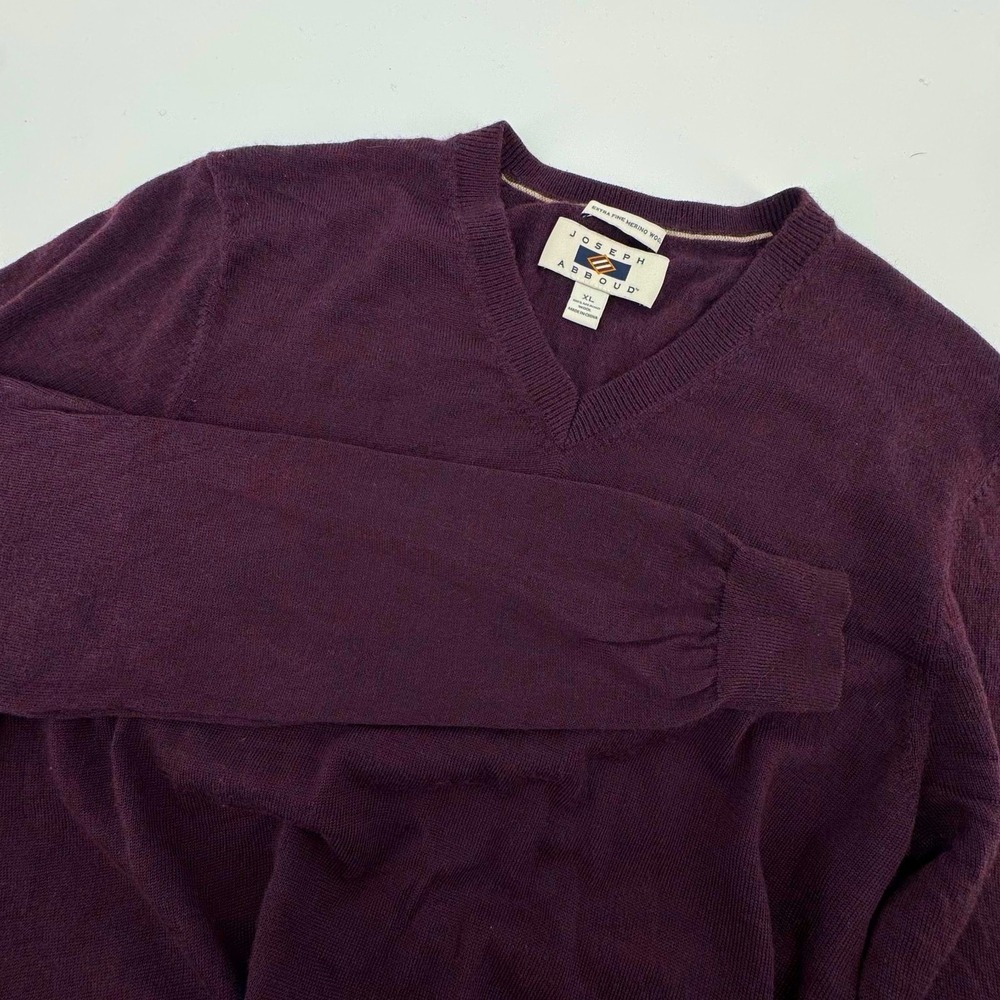 Joseph Abboud Sweater Mens XL Burgundy Extra Fine Merino Wool V-Neck‎ Pullover